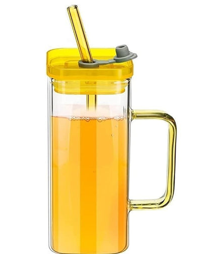 Trendy Square Glass Coffee Mug with Lid and Straw 380ml Pack of 1 Pcs