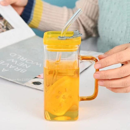 Trendy Square Glass Coffee Mug with Lid and Straw 380ml Pack of 1 Pcs