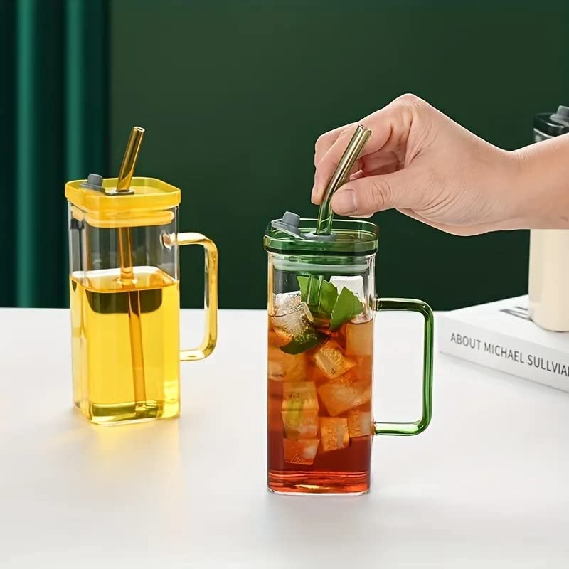 Trendy Square Glass Coffee Mug with Lid and Straw 380ml Pack of 1 Pcs