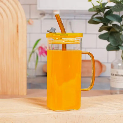 Trendy Square Glass Coffee Mug with Lid and Straw 380ml Pack of 1 Pcs