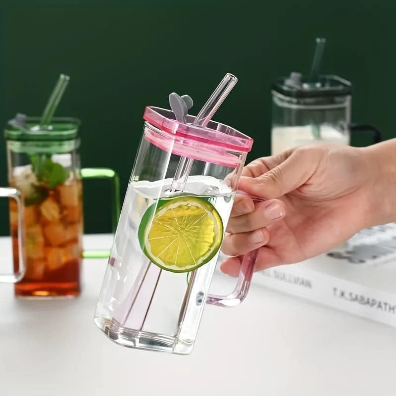 Trendy Square Glass Coffee Mug with Lid and Straw 380ml Pack of 1 Pcs