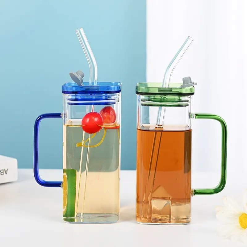 Trendy Square Glass Coffee Mug with Lid and Straw 380ml Pack of 1 Pcs