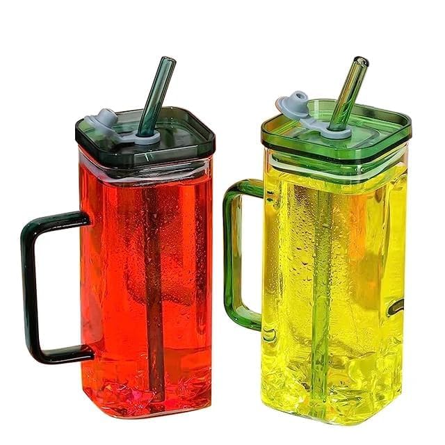 Trendy Square Glass Coffee Mug with Lid and Straw 380ml Pack of 1 Pcs