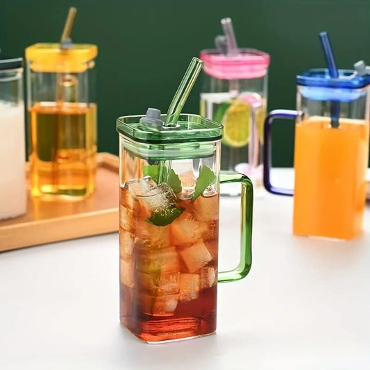 Trendy Square Glass Coffee Mug with Lid and Straw 380ml Pack of 1 Pcs