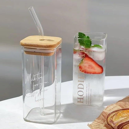 Glass Tumbler with Bamboo Lid and Glass Straw 410ml, Square shape Coffee Sipper Mug