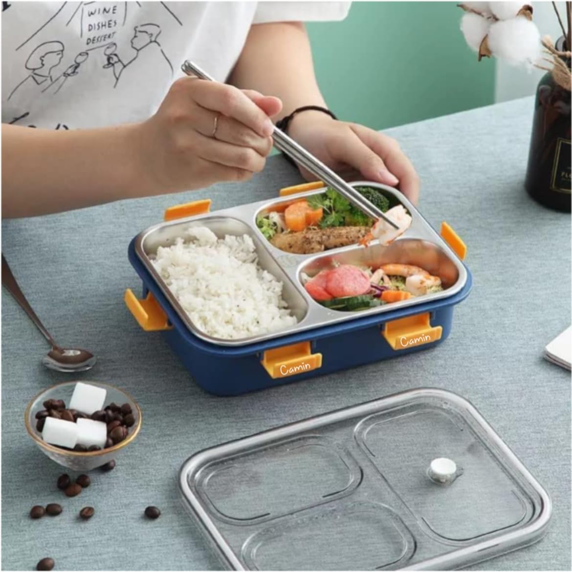 Compartment Lunch Box Stainless Steel with Spoon & Chop Stick, BPA Free, Leak Proof