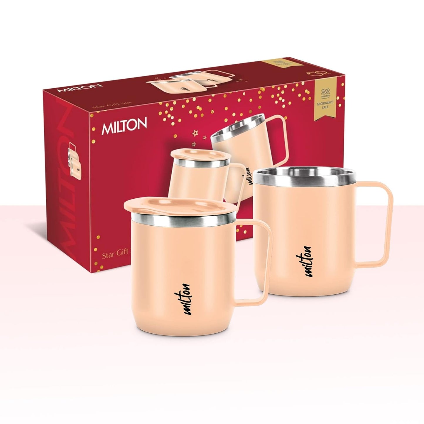 MILTON Star Gift Set, Double Walled Stainless Steel Mug with Lid, Set of 1, 285 ml Each, Peach Color | Stainless Steel