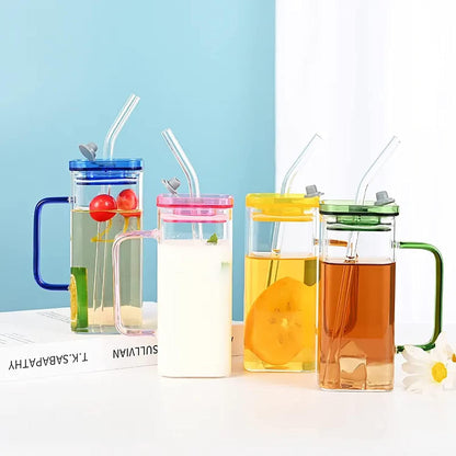 Trendy Square Glass Coffee Mug with Lid and Straw 380ml Pack of 1 Pcs