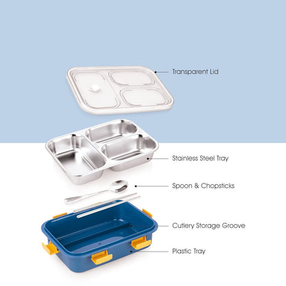 Compartment Lunch Box Stainless Steel with Spoon & Chop Stick, BPA Free, Leak Proof