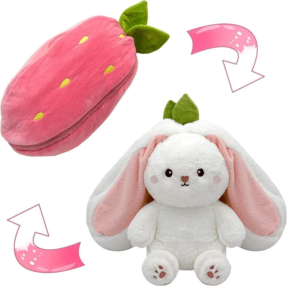 Reversible Strawberry Cute Plush Bunny Soft Toy, Strawberry Rabbit Teddy Soft Toy, Plushie Bunny Toys with Zipper 45 cm Multicolor - GMARTSHOPY