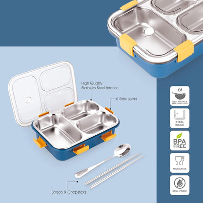 Compartment Lunch Box Stainless Steel with Spoon & Chop Stick, BPA Free, Leak Proof