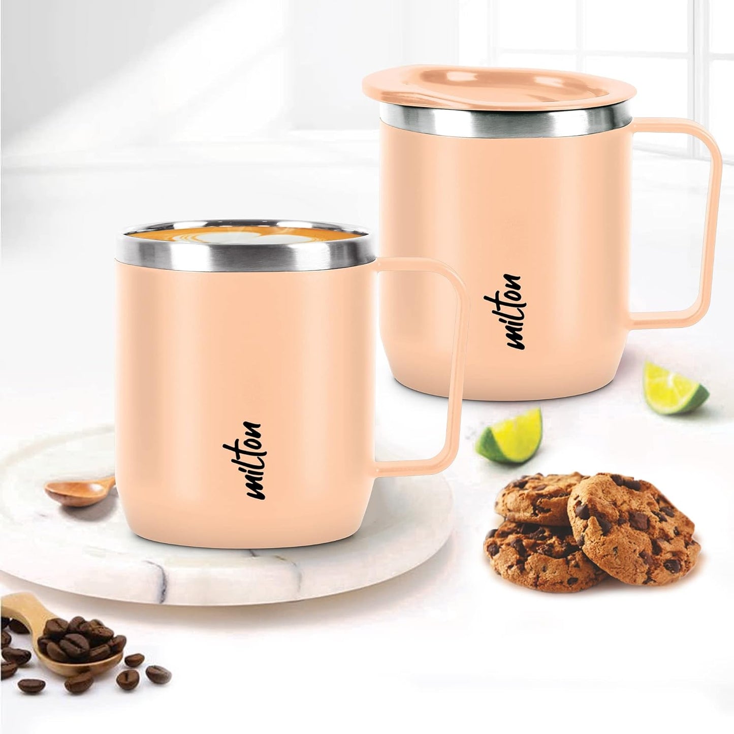 MILTON Star Gift Set, Double Walled Stainless Steel Mug with Lid, Set of 1, 285 ml Each, Peach Color | Stainless Steel