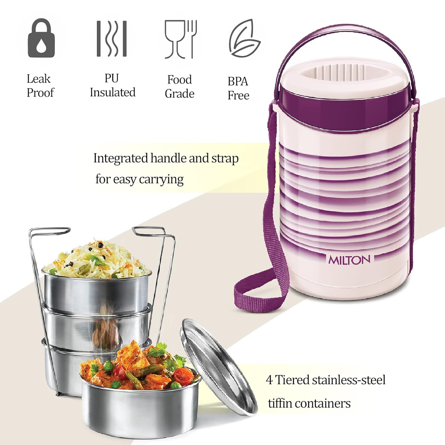 Milton Econa 4 Stainless Steel Lunch Box, Thermoware Insulated Leak Proof Tiffin Box