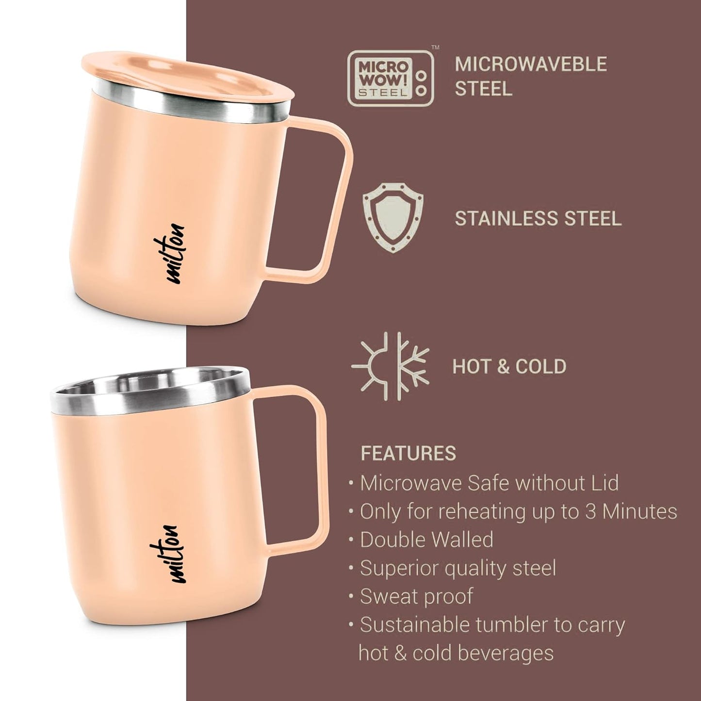 MILTON Star Gift Set, Double Walled Stainless Steel Mug with Lid, Set of 1, 285 ml Each, Peach Color | Stainless Steel