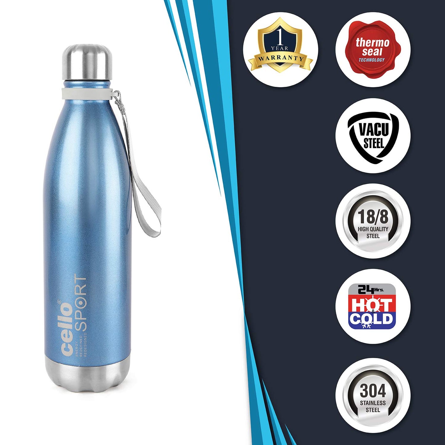 Scout Stainless Steel Double Walled Water Bottle, Hot and Cold, 750ml, 1pc, Blue