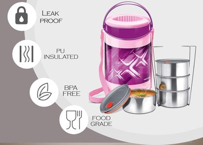 Milton Econa Deluxe 4 Lunch Box Stainless Steel Containers, Leak Proof BPA Free, PU Insulated, Food Grade