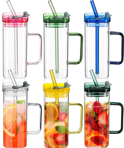 Trendy Square Glass Coffee Mug with Lid and Straw 380ml Pack of 1 Pcs