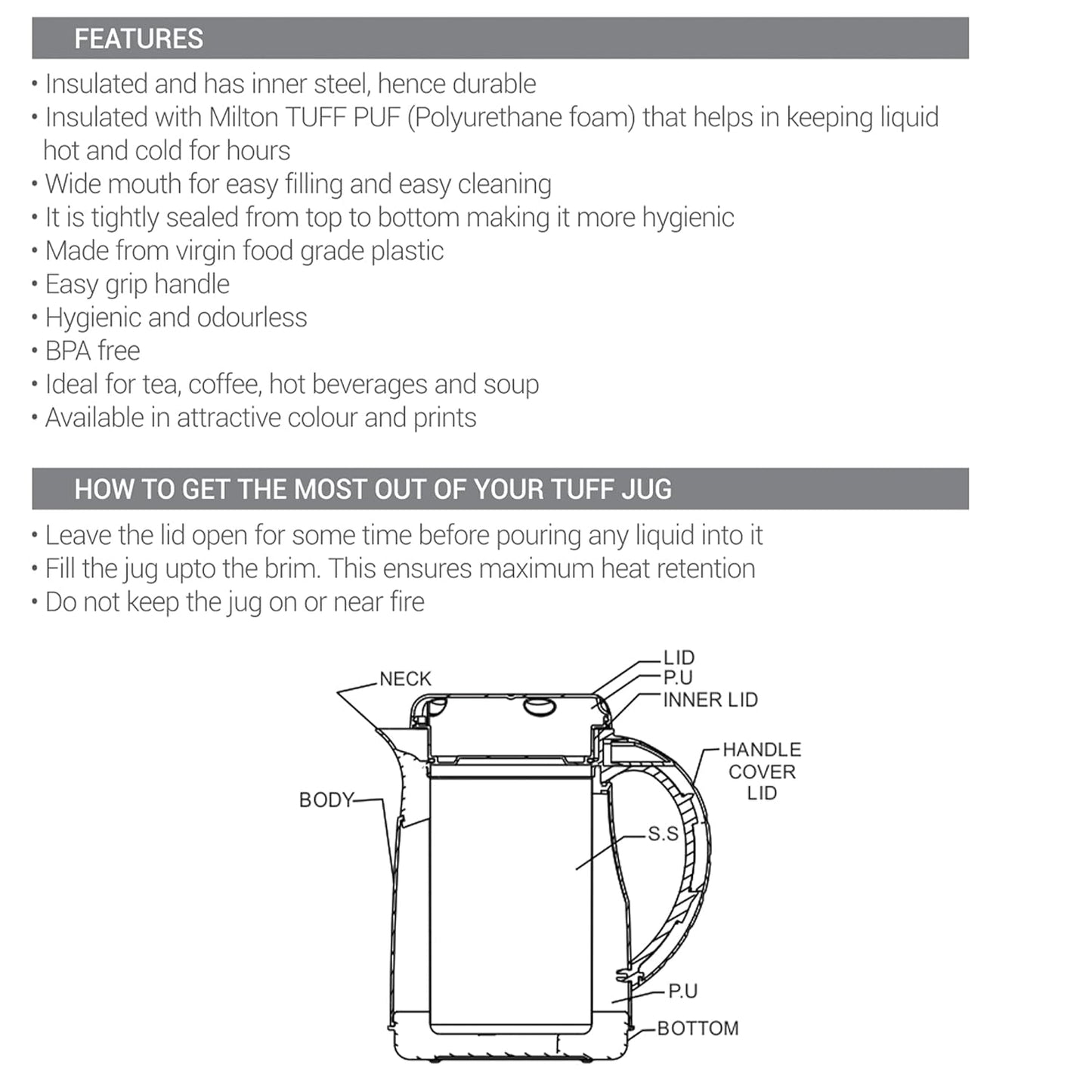 New Viva Tuf Vacuum Insulated Jug | Easy Grip | Hot & Cold | Leak Proof