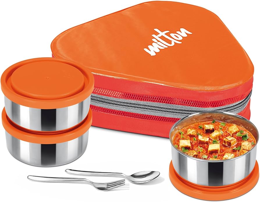 MILTON Triyum Stainless Steel Tiffin, 3 Container, 280 ml Each, with Jacket, Spoon & Fork