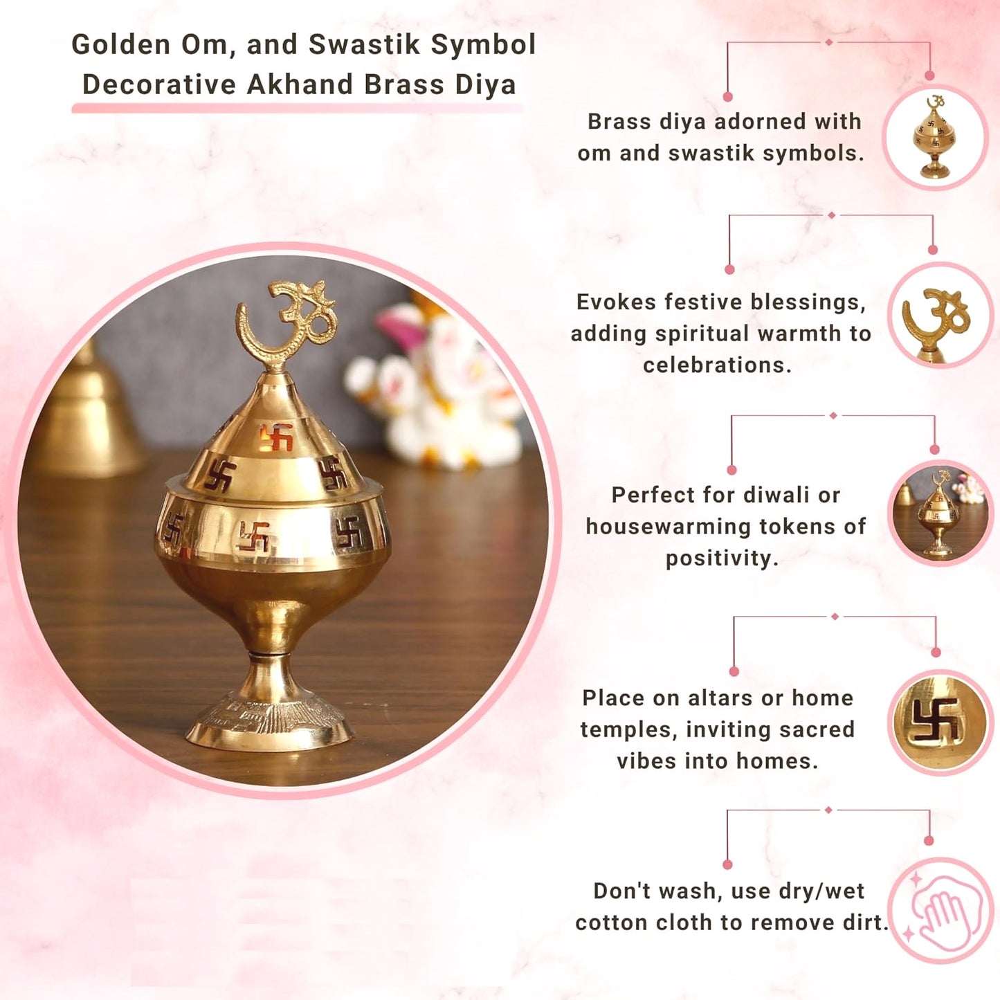 Golden Om and Swastik Symbol Decorative Brass Diya