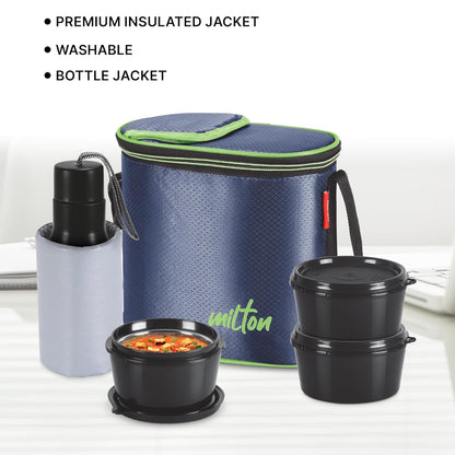 MILTON Arista Lunch Box Microwave Safe Inner Steel Containers, Stainless Steel Bottle, with Insulated Fabric Jacket, Leak Proof