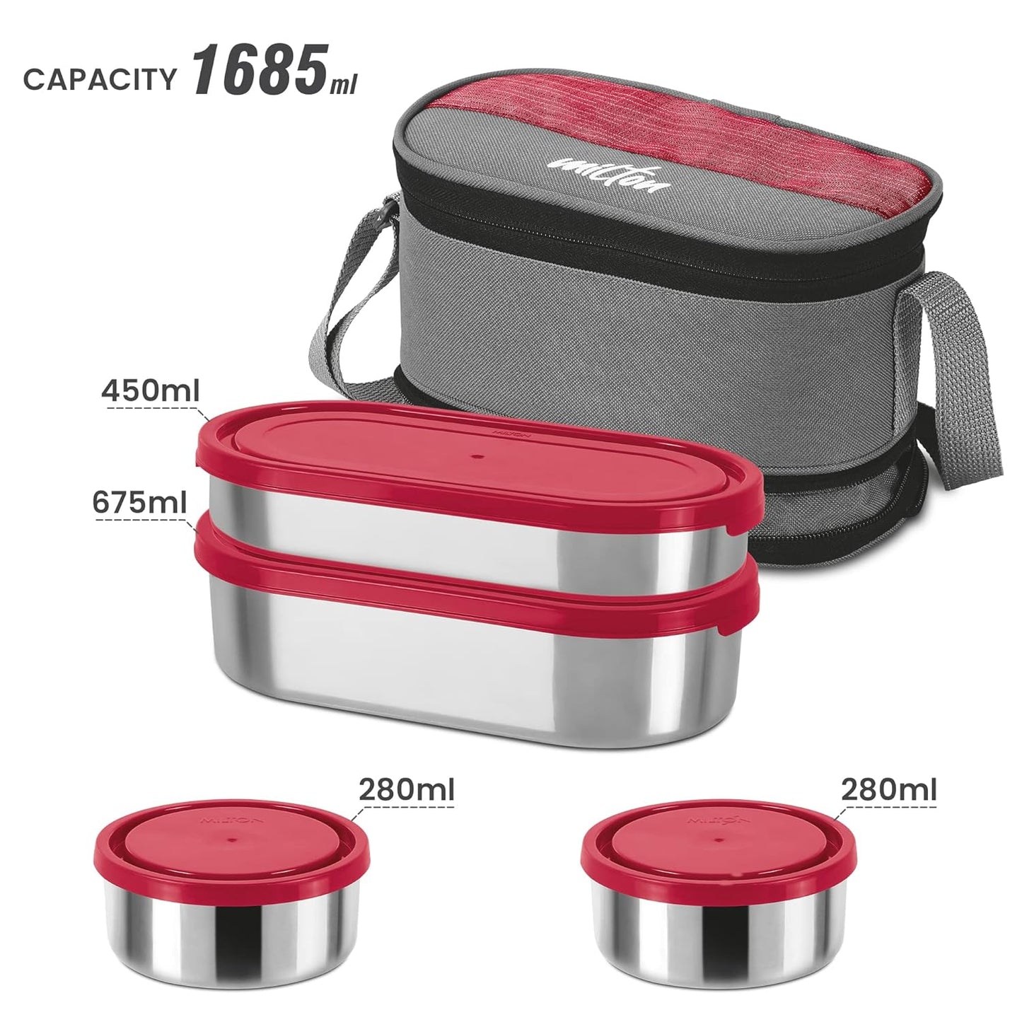 MILTON Triple Decker Stainless Steel Lunch Box (2 Oval Container, 675 ml & 450ml