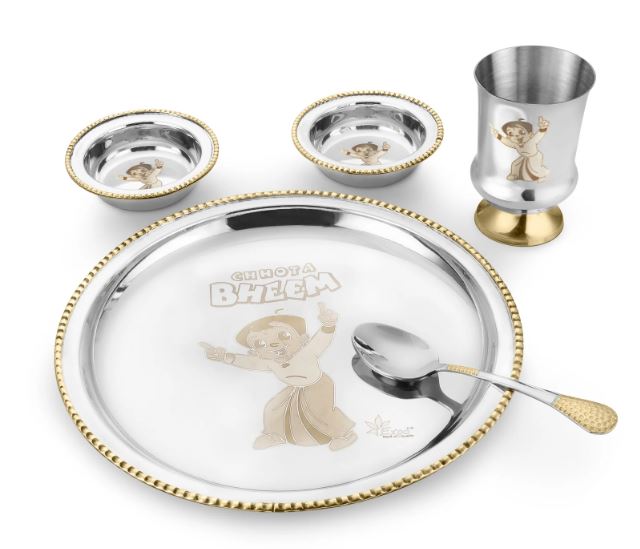 Expo Kids Chota Bheem Galaxy Two-Tone Thali  Set (5 Pcs), Stainless Steel with Brass Border