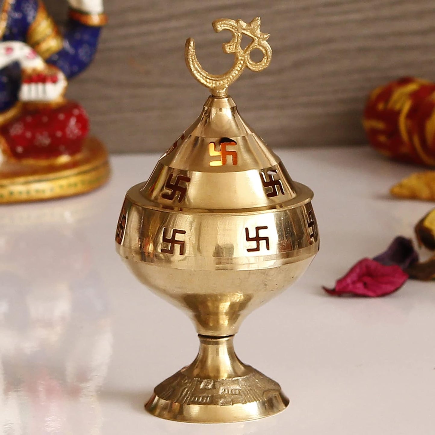 Golden Om and Swastik Symbol Decorative Brass Diya