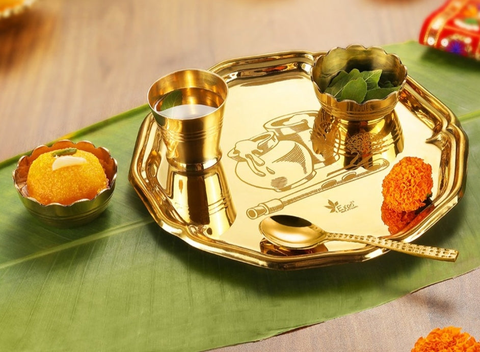 Pure Brass Laddu Gopal Bhog Thali Set 5 Pieces Set, Kanha ji Bhog Thali