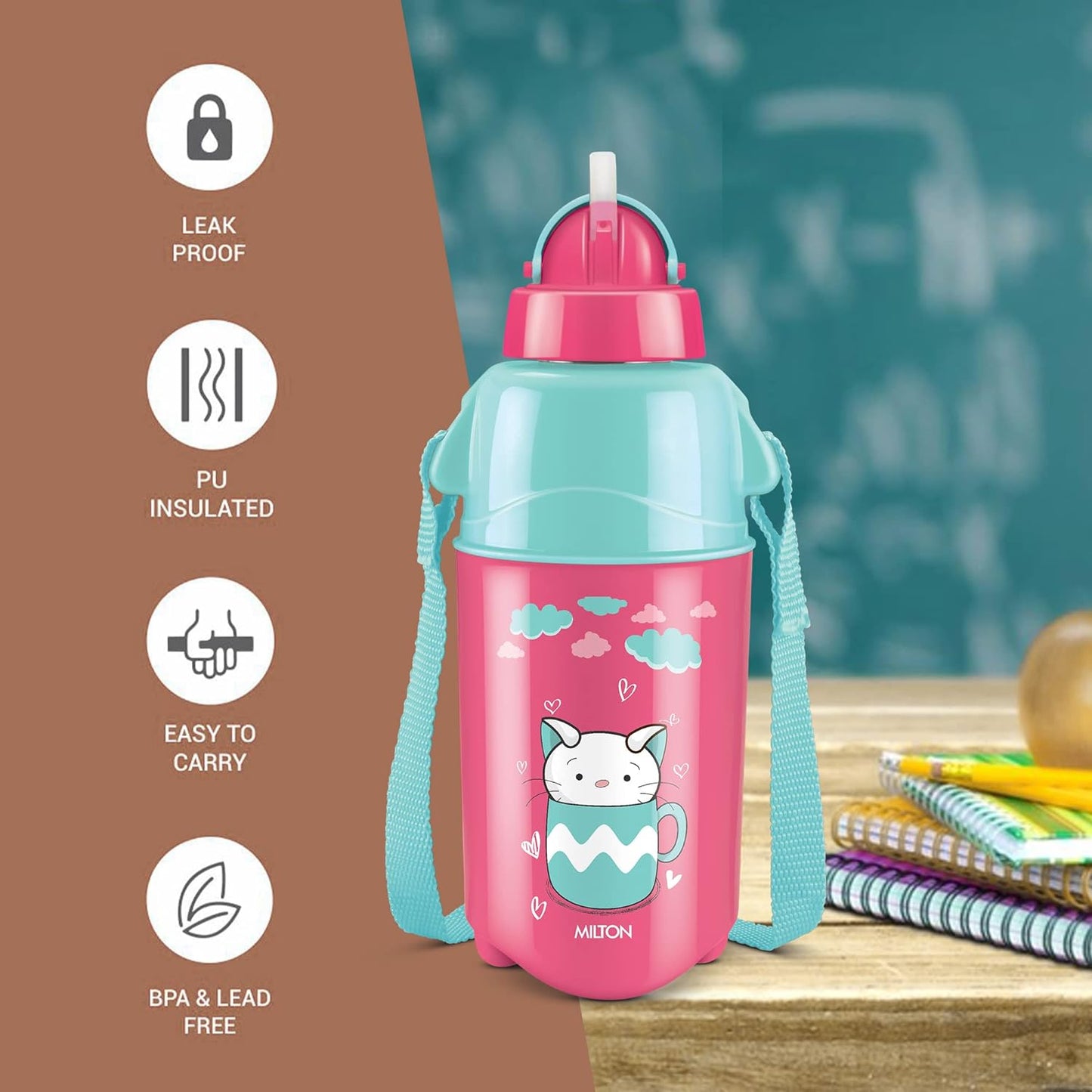 Milton Kool Trendy, Kids water Bottle, Leak Proof, BPA & Lead Free Plastic Insulated Kids Water Bottle