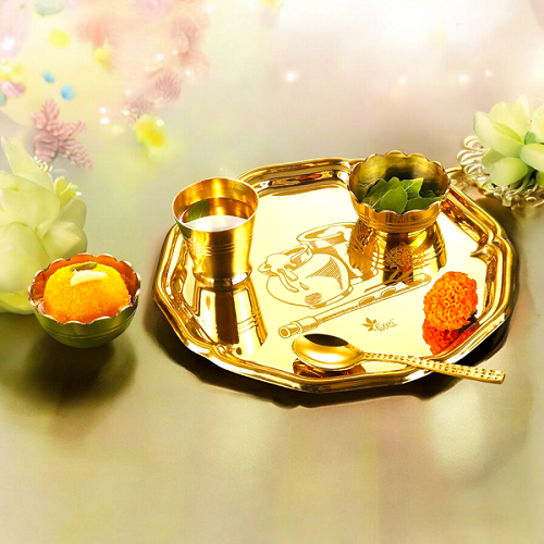 Pure Brass Laddu Gopal Bhog Thali Set 5 Pieces Set, Kanha ji Bhog Thali