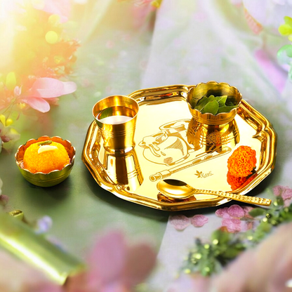 Pure Brass Laddu Gopal Bhog Thali Set 5 Pieces Set, Kanha ji Bhog Thali