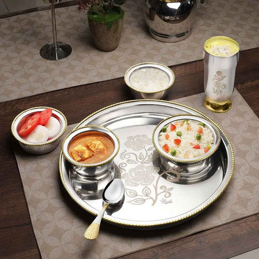 Glory Dinner Set Handmade Pure Steel Brass Dinner Set Two Tone thali set of 7