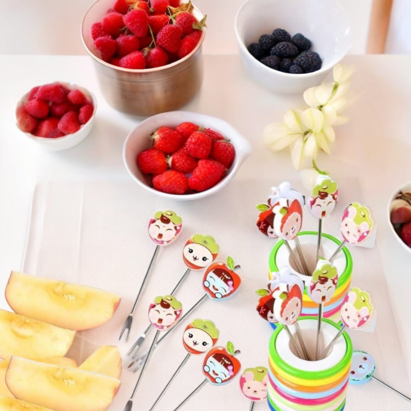 Cartoon Shape Fruit Fork Set for Kids with Color Rings Stand, Stainless Steel 6 Cartoon Shape Forks