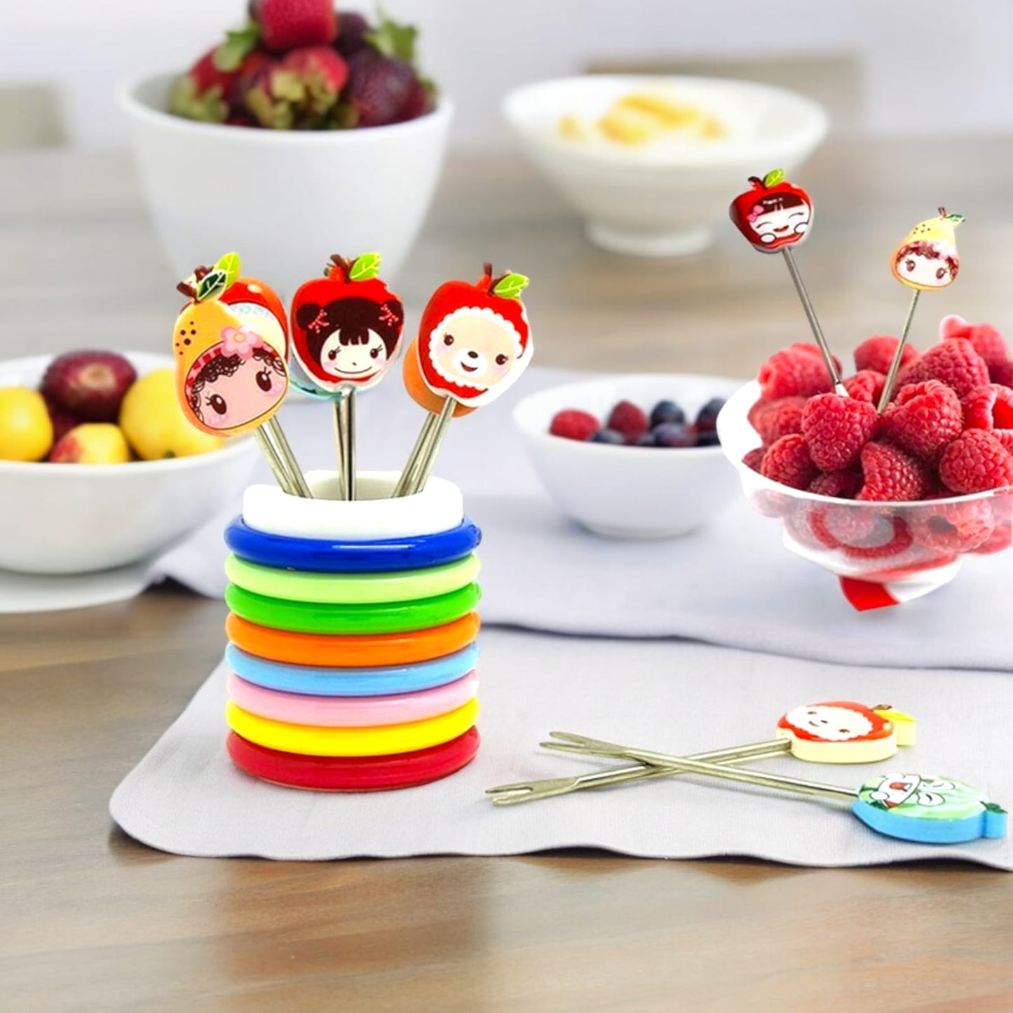 Cartoon Shape Fruit Fork Set for Kids with Color Rings Stand, Stainless Steel 6 Cartoon Shape Forks