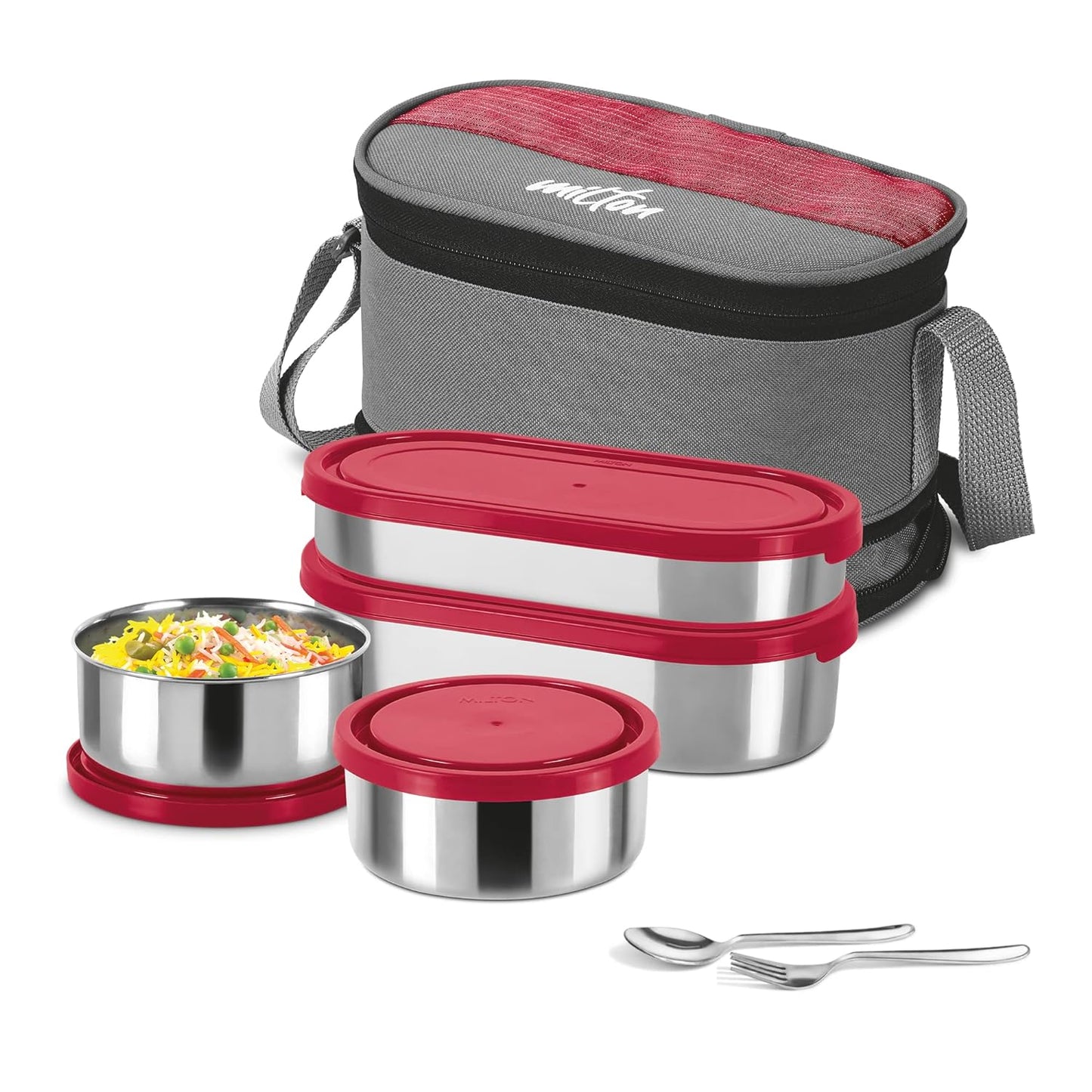 MILTON Triple Decker Stainless Steel Lunch Box (2 Oval Container, 675 ml & 450ml