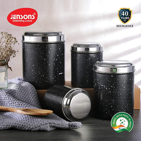 Progetto Series 4 Pcs Canister Set -Black & White Marble Finish with S.S Lids