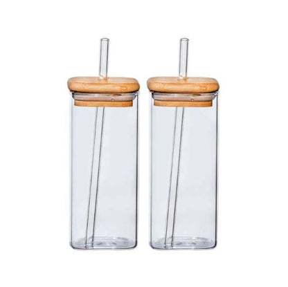 Glass Tumbler with Bamboo Lid and Glass Straw 410ml, Square shape Coffee Sipper Mug