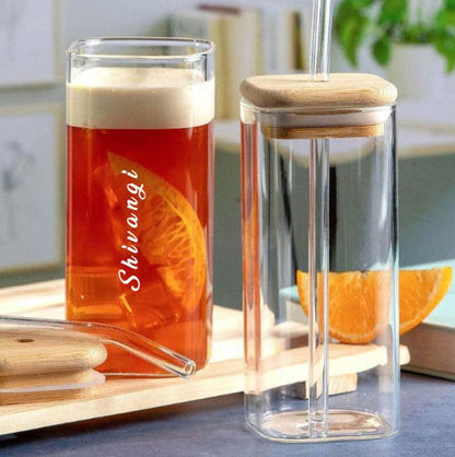 Glass Tumbler with Bamboo Lid and Glass Straw 410ml, Square shape Coffee Sipper Mug