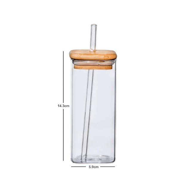 Glass Tumbler with Bamboo Lid and Glass Straw 410ml, Square shape Coffee Sipper Mug