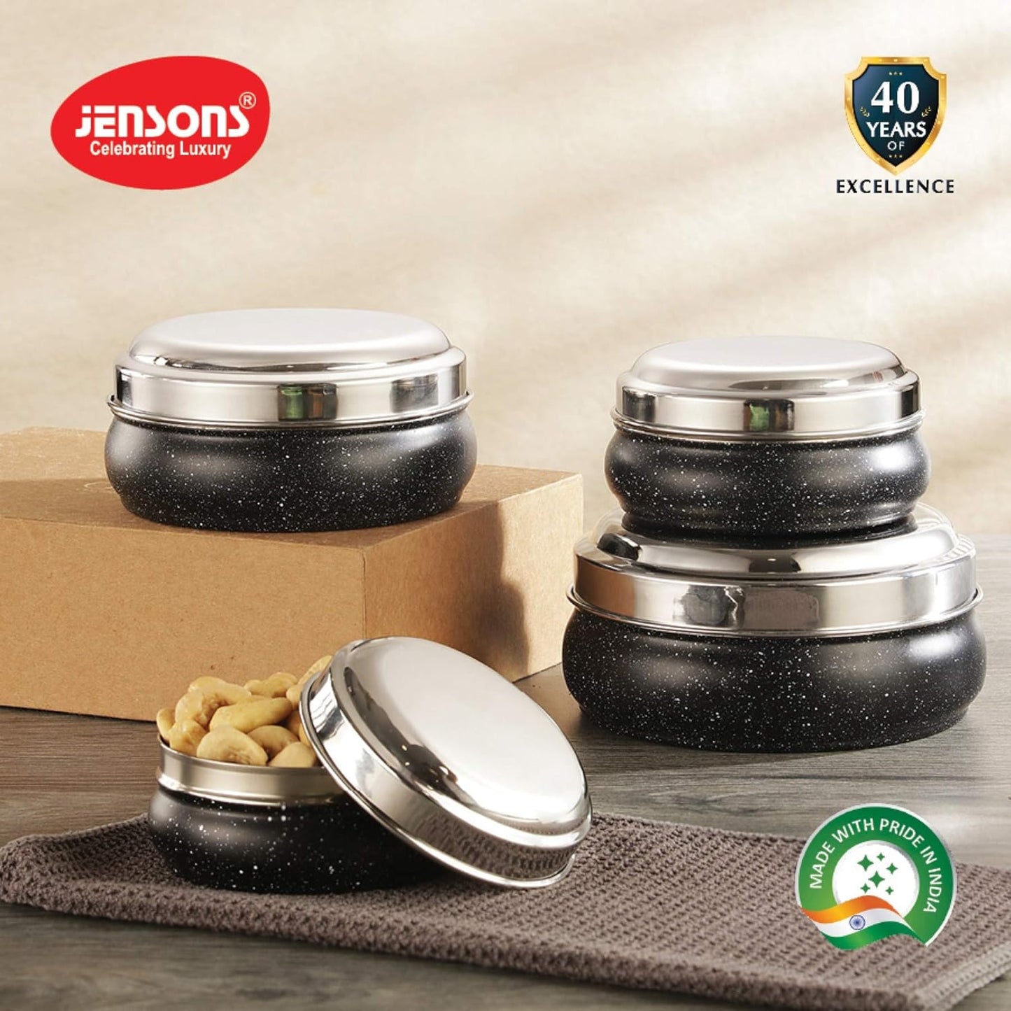 JENSONS Stainless Steel 4Pcs Belly Storage Set -Mirror Polish Stainless Steel Lids