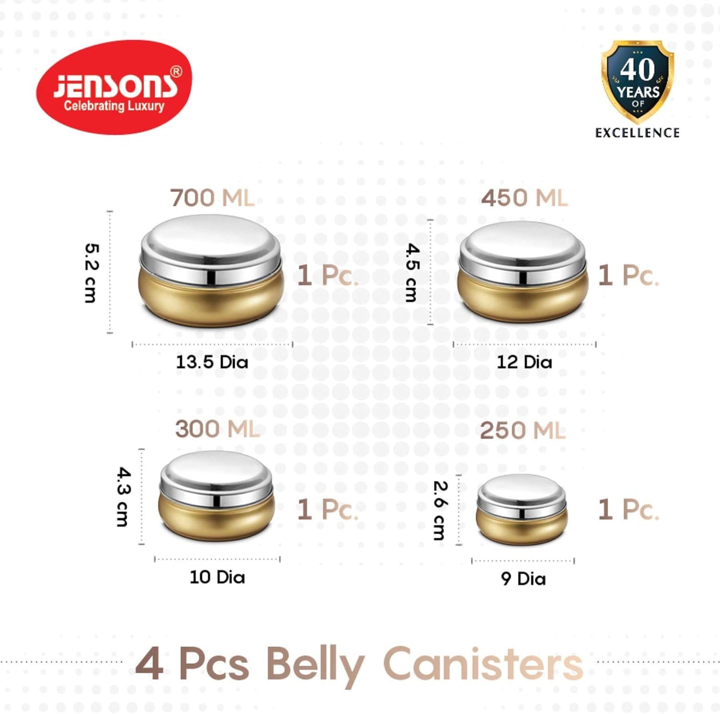 JENSONS Stainless Steel 4Pcs Belly Storage Set -Mirror Polish Stainless Steel Lids