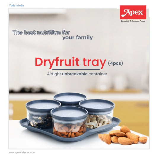 Apex Dryfruit Tray Premium Collection, 4PCS Air-tight Unbreakable Containers with a Clear Design