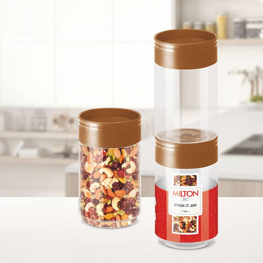 MILTON Stack IT Plastic Storage Jar, Brown | Air Tight | Storage Jar | Kitchen Organiser | BPA Free | Stackable | Modular | Food Grade | Multipurpose Jar