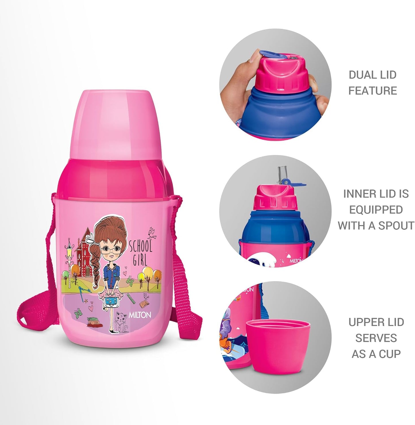 MILTON Kool Kid 450 Plastic Insulated Water Bottle with Belt & Straw, 430 ml, PU Insulated | BPA Free | Easy to Carry | Leak Proof