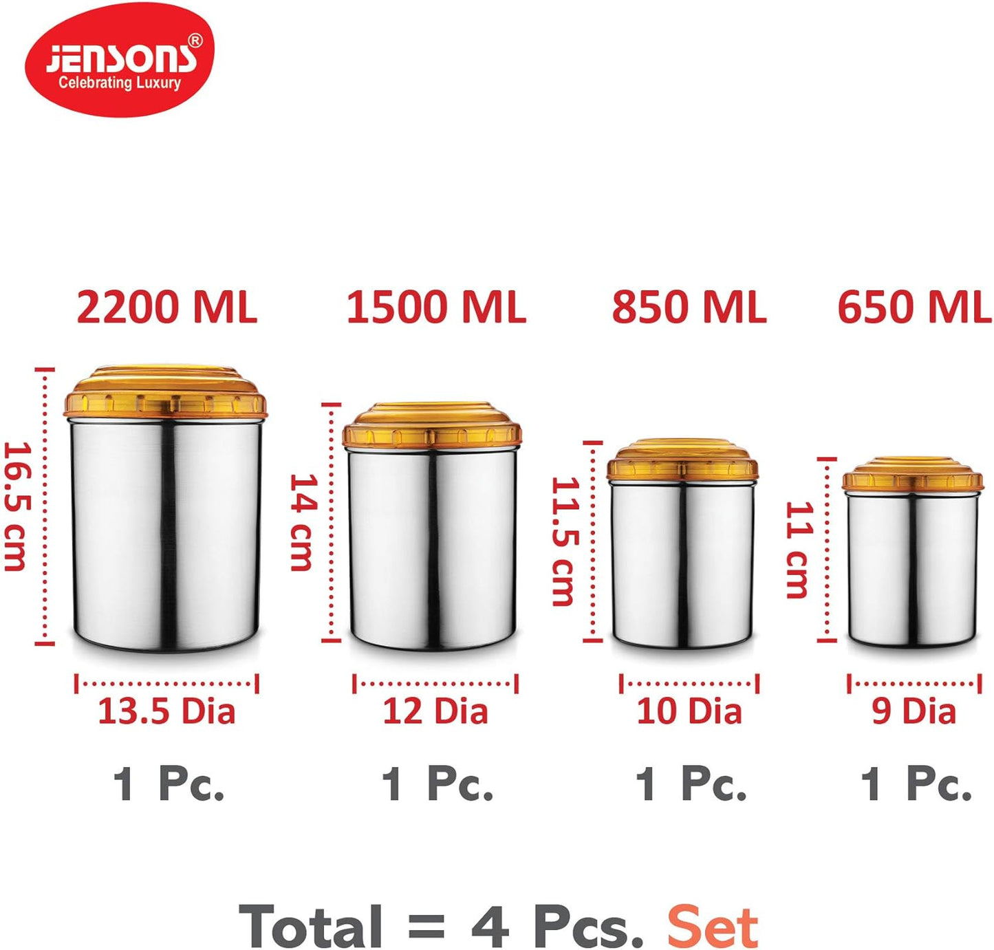 Jesnsons 4 PCS Stainless Steel Canister set with Orange Color PC Lids-4 Pcs Set, Storage Box