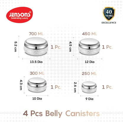 JENSONS Stainless Steel 4Pcs Belly Storage Set -Mirror Polish Stainless Steel Lids