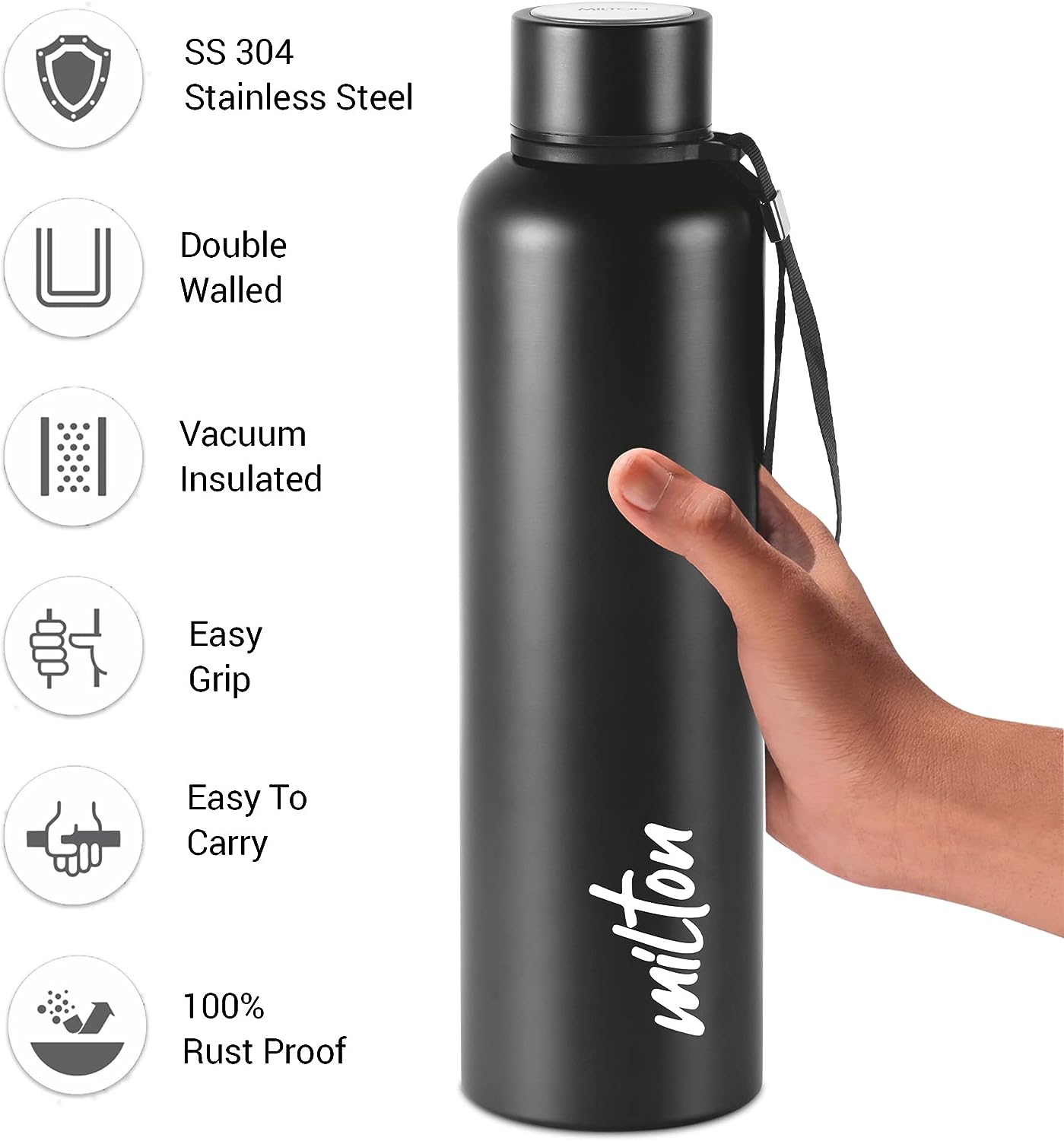 Milton Aura Thermosteel Water Bottle, 1000ml, 24 Hours Hot and Cold, Easy to Carry, Rust & Leak Proof