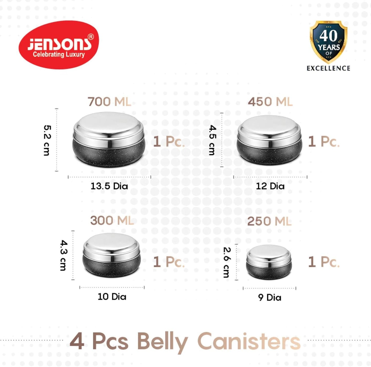 JENSONS Stainless Steel 4Pcs Belly Storage Set -Mirror Polish Stainless Steel Lids