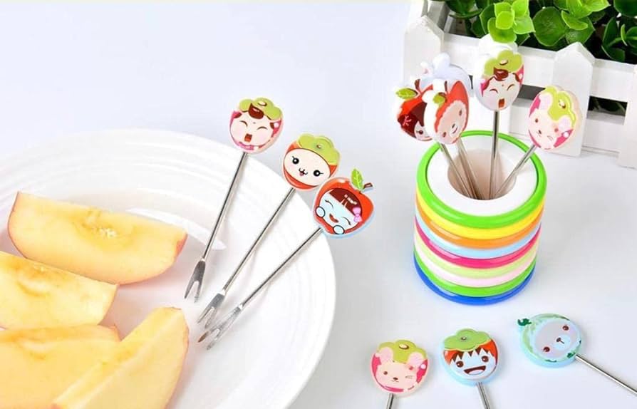 Cartoon Shape Fruit Fork Set for Kids with Color Rings Stand, Stainless Steel 6 Cartoon Shape Forks